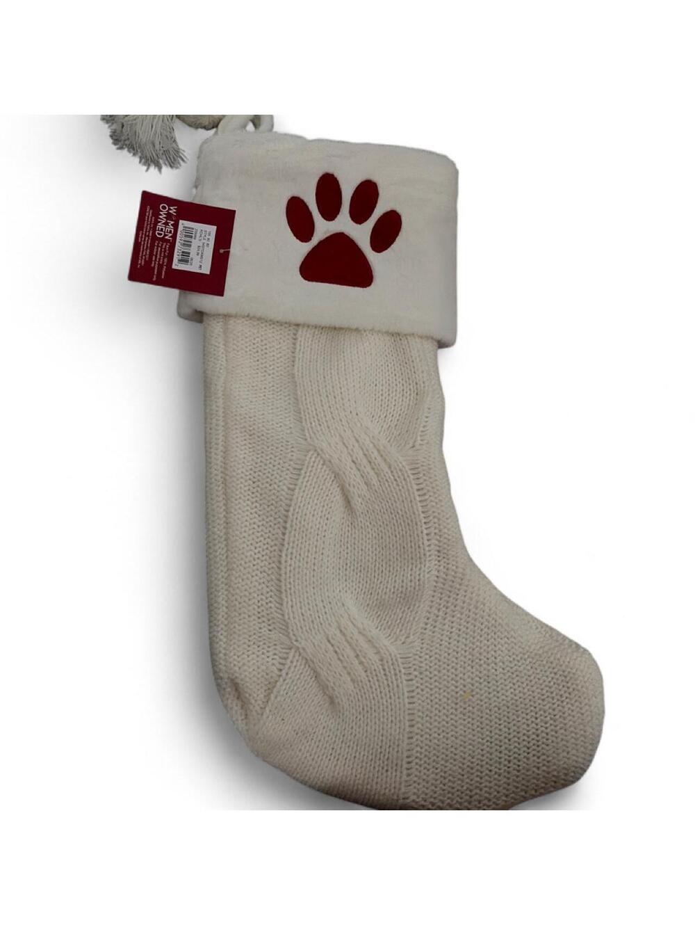 Kohl's White and Cream Christmas Stocking with Red Paw Print - New with Tags